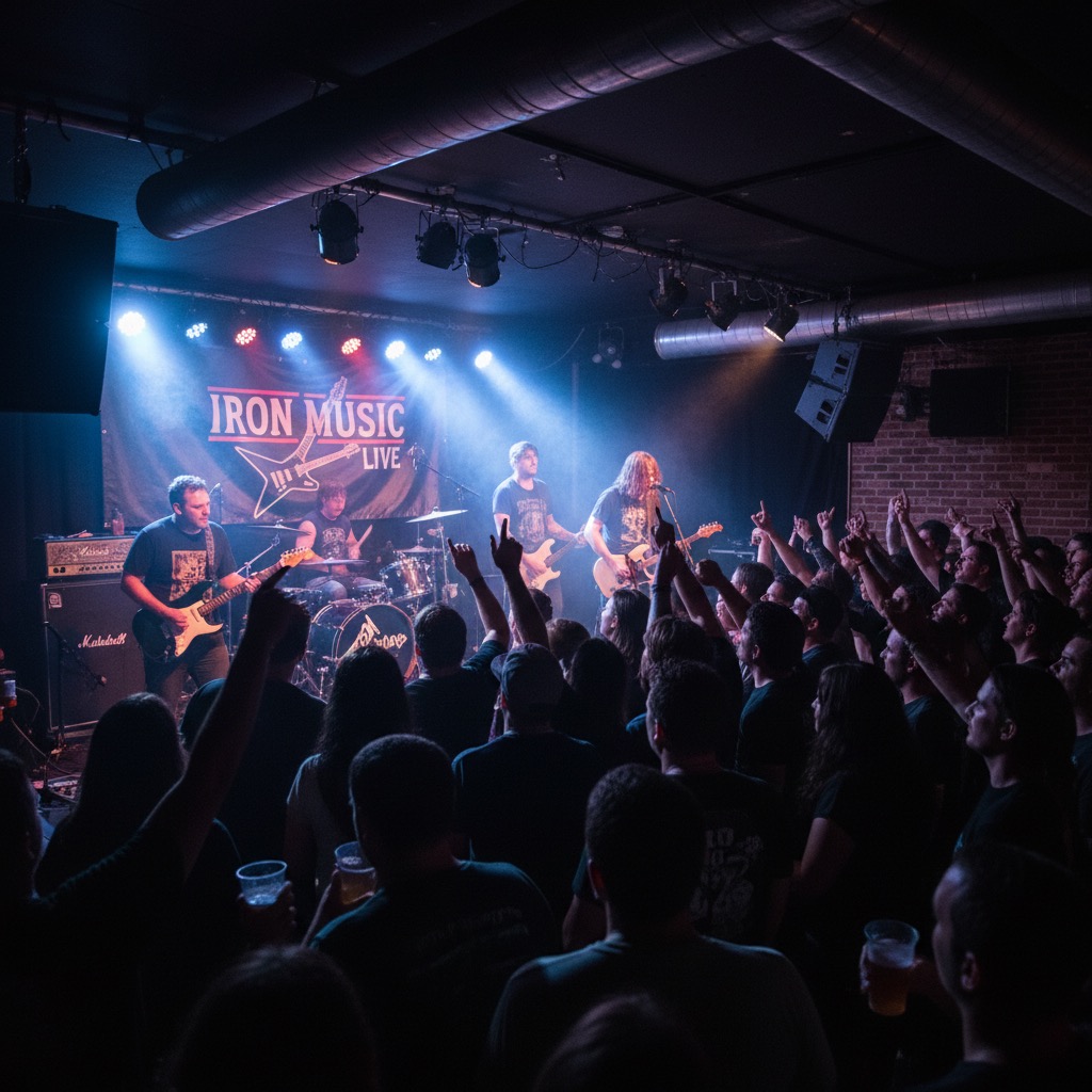 Una band rock si esibisce sul palco davanti a un pubblico numeroso in un locale con luci soffuse.
