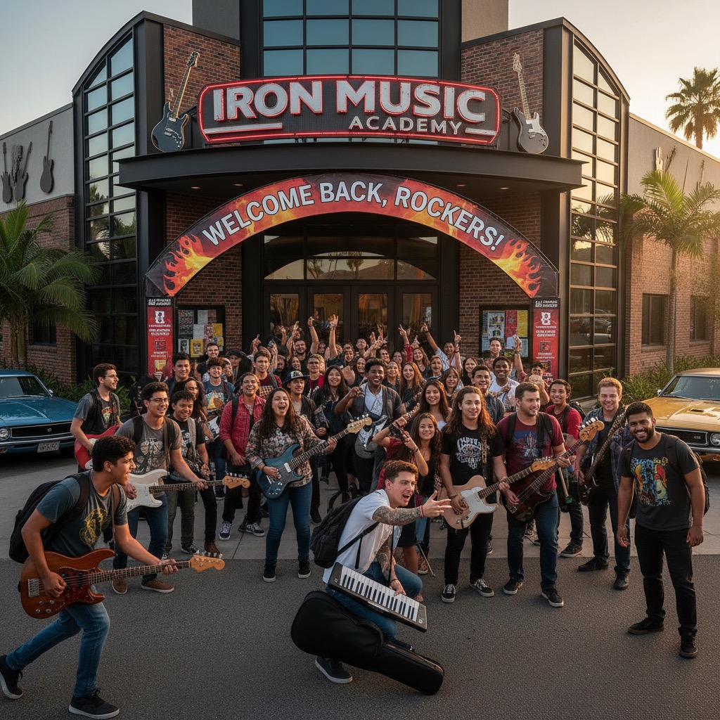 Un gruppo di giovani musicisti entusiasti si riunisce davanti all'ingresso della Iron Music Academy sotto un arco decorato con la scritta "Welcome Back, Rockers!".